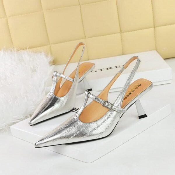 BIGTREE SHOES 070-11 Korean Style Women's Shoes High Heel Low-Cut Pointed Toe T Shape with Rhinestones Buckle Hollow Back Strap Back Open Shoes Female