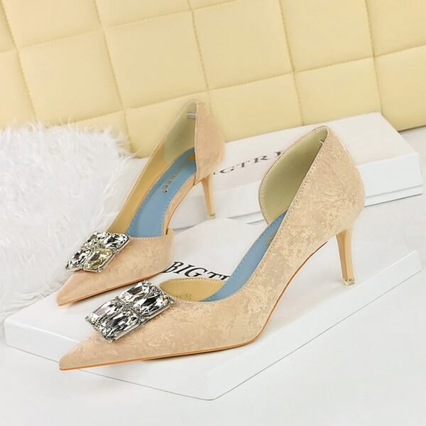 BIGTREE SHOES 6168-Ak58 Banquet Women's Shoes High Heel Hand Grip Wrinkle Surface Cloth Surface Shallow Mouth Pointed Side Hollow out Rhinestone Buckle Pumps