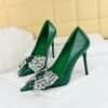 BIG TREE Shoes 3391-H9 Korean Style Fashion Banquet High Heels Stiletto Heel Shallow Mouth Pointed Toe Rhinestone Bow Pumps Women