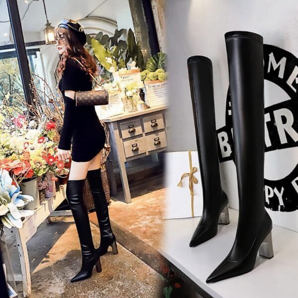 BIG TREE SHOES 3128-16 European and American Style Fashion Metal Heel Chunky Heel High Heel Pointed Toe Thinner Pedicure over-the-Knee Boots