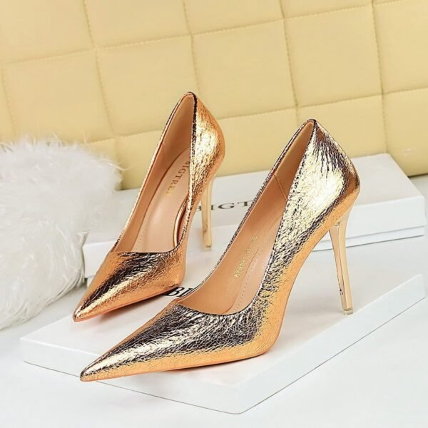 BIG TREE SHOES 9511-38 Retro European American Style Banquet High Heels Women's Shoes Metal Heel High Heel Low-Cut Pointed Sequined Women's Shoes