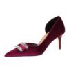 BIGTREE SHOES 1363-Ak76 Banquet Women's Shoes High Heel Stiletto Heel Thick Suede Shallow Mouth Pointed Toe Side Hollow Rhinestone Buckle Women's Shoes