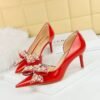 Big Tree Shoes 638-AH6 European and American Banquet Women's Shoes High Heel Stiletto Shallow Mouth Pointed Pearl Rhinestone Bow Pumps High Heels
