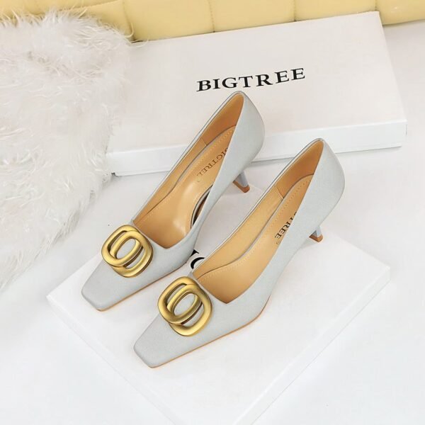 BIGTREE SHOES 6183-k26 Korean Style Versatile Business Ol Women's Shoes Wine Cup Heel High Heel Low-Cut Square Toe Belt Buckle Decorative Women's Shoes