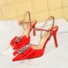 662bf6214f882c361af4fdff912acebf BIGTREE SHOES 221-H32 Korean Style Banquet Summer High Heel Shoes Shallow Mouth Pointed Toe Satin Rhinestone Word with Bowknot Sandals for Women