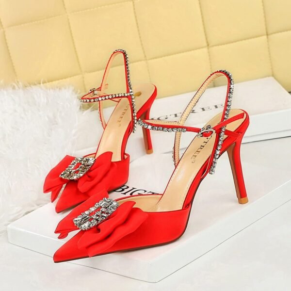 662bf6214f882c361af4fdff912acebf BIGTREE SHOES 221-H32 Korean Style Banquet Summer High Heel Shoes Shallow Mouth Pointed Toe Satin Rhinestone Word with Bowknot Sandals for Women