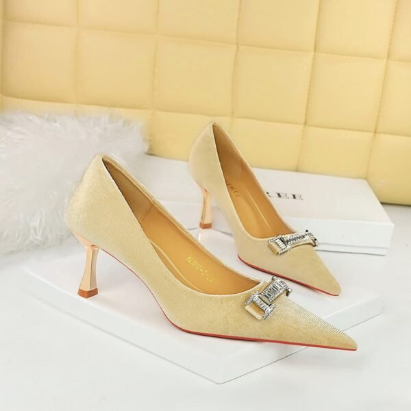 BIGTREE SHOES 1818-K80 Banquet Women's Shoes High Heel Shoes Xishi Suede Shallow Mouth Pointed Toe Rhinestone Buckle Metal Decorative High Heel Pumps