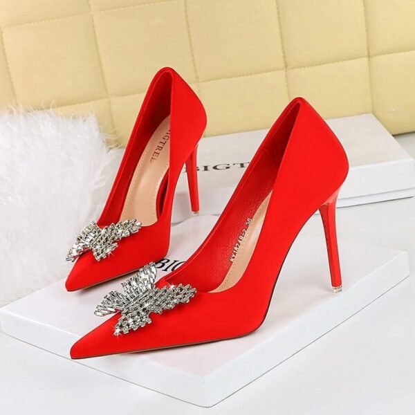 BIGTREE SHOES 18249-K53 Pointed Toe Metal Rhinestone Bowknot Single Shoes Women High Heels