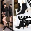 BIG TREE SHOES 9878-2 European and American Simple Slimming Banquet Female Boots Stiletto Heel Pointed Black Denim Fabric Ankle Boots