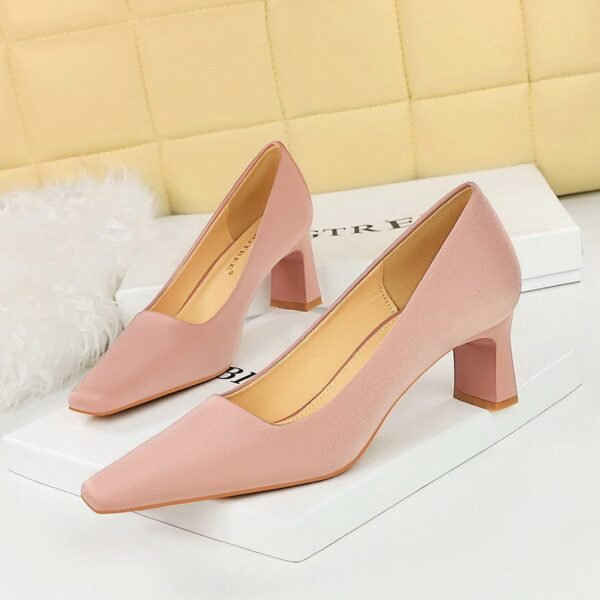 66923d2f2e4fc0e08072c8f946a2b245 BIGTREE SHOES 6186-2 Korean Style Fashionable All-Match Simple Pedicure High Heel Chunky Heel Low-Cut Square Toe Satin Women's Shoes High Heels Pumps