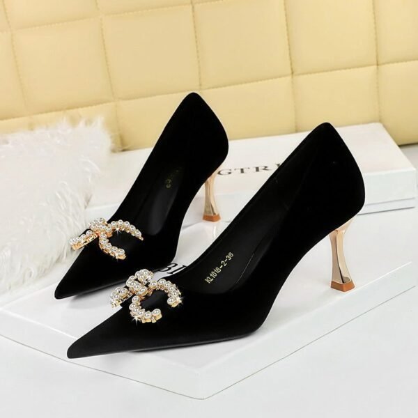 BIG TREE SHOES 1818-K79 Banquet High Heels Korean Style Women's Shoes Xishi Suede Shallow Mouth Pointed-Toe Metal Pearl Rhinestone Buckle Pumps