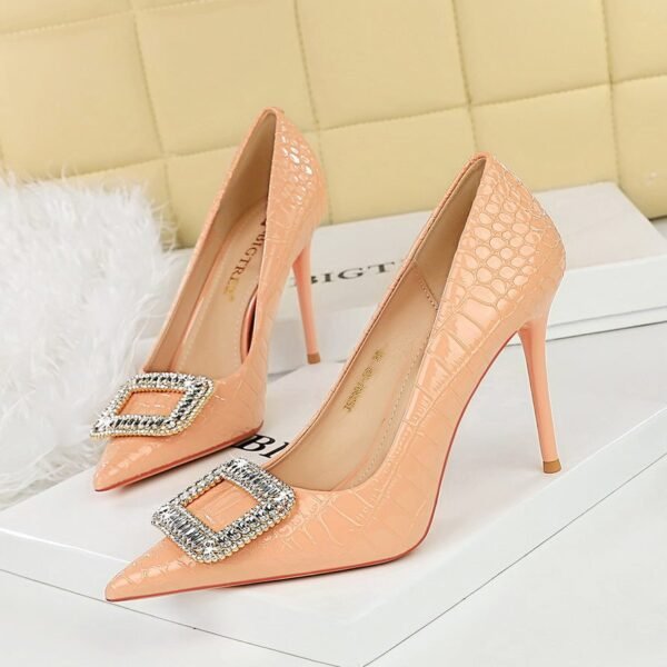BIGTREE SHOES 3391-K32 European and American Slimming Banquet High Heels Stiletto Heel Serpentine Patent Leather Low-Cut Pointed Toe Rhinestone Buckle Pumps