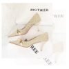6838c14449d3dd5d96cdbc6160a58bbe 9283-A1 European and American thin-heeled high-heeled shallow-pointed cloth plaid houndstooth metal chain pearl shoes