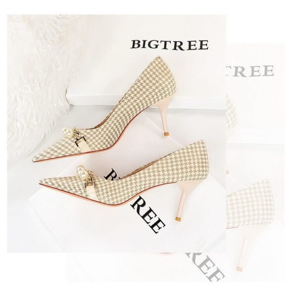 6838c14449d3dd5d96cdbc6160a58bbe 9283-A1 European and American thin-heeled high-heeled shallow-pointed cloth plaid houndstooth metal chain pearl shoes