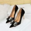 685eca17143f5b7cae901aa3667a27bb BIG TREE SHOES 1829-H3 European and American Style Banquet Light Luxury High Heels Satin Shallow Mouth Pointed Toe Rhinestone Bow Women's High Heel Shoes