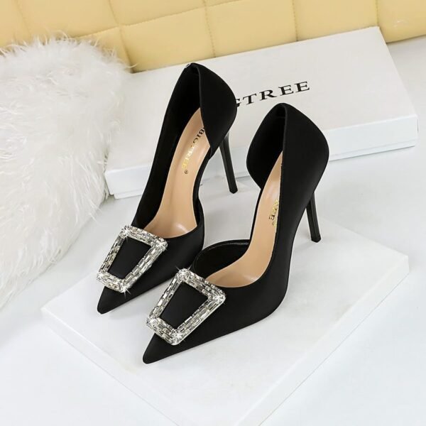 BIG TREE 626-K10 European and American Style Banquet Fashion High Heels Stiletto Low-Cut Pointed Side Hollow Metal Rhinestone Buckle Pumps