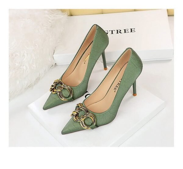 7239-1 European And American Fashion Slim Thin-heeled Super High-heeled Women's Shoes Shallow Pointed Big Metal Buckle Shoes