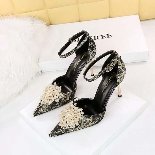 286-7 European and American Style Banquet High Heel Low-Cut Hollow Word with Pointed Toe Rhinestone Pearl Flower Sandals High Heels