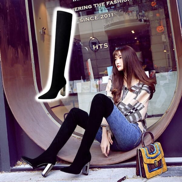 BIG TREE SHOES 3128-6 European and American Fashion Metal Heel Chunky Heel High Heel Suede Pointed Toe Thinner Pedicure over-the-Knee Boots