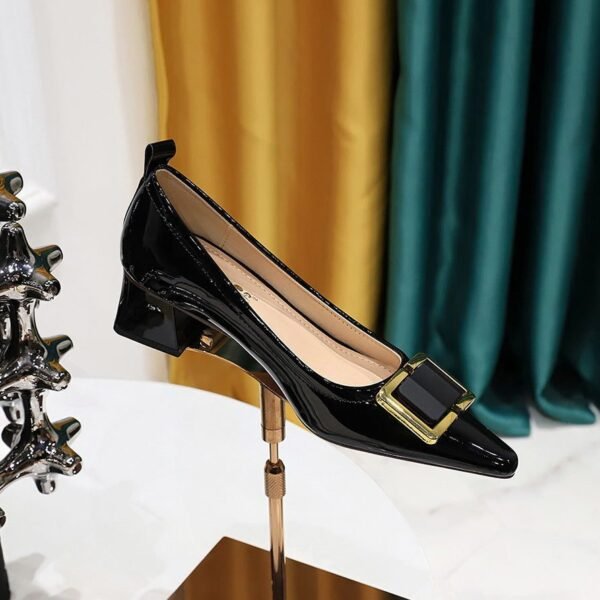69c9f59fb6f1aad2492e2c289a68ebb9 BIGTREE SHOES 1235-K57 European and American Commuters' Women's Shoes Mid Heel Chunky Heel Patent Leather Low-Cut Square Toe Metal Buckle Decoration Spring and Autumn Single-Layer Shoes
