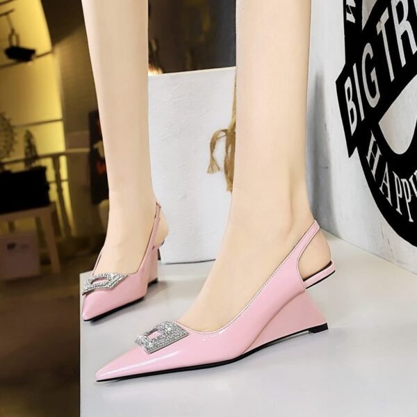 BIGTREE SHOES 1097-k60 European and American Women's Shoes Wedge High Heel Patent Leather Shallow Mouth Pointed Metal Rhinestone Buckle Hollow Back Strap Shoes