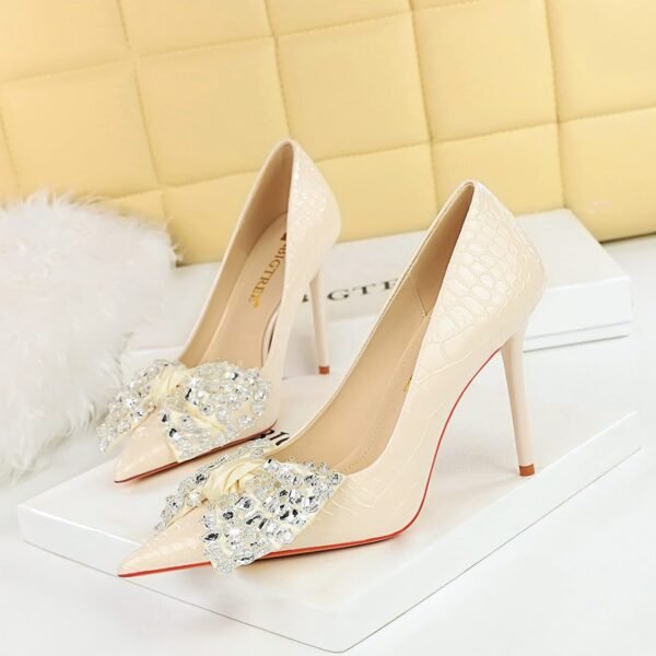 BIG TREE Shoes 3391-H9 Korean Style Fashion Banquet High Heels Stiletto Heel Shallow Mouth Pointed Toe Rhinestone Bow Pumps Women