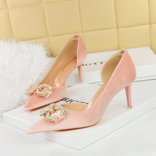 BIGTREE SHOES 1363-Ak79 Banquet Women's Shoes High Heel Suede Shallow Mouth Pointed Side Hollow Rhinestone Buckle Pearl Bow Pumps