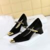 BIGTREE SHOES 5288-7 French Mary Jane Women's Classy Shoes Mid Heel Chunky Heel Low-Cut Color Matching Square Head Metal Chain Ankle-Strap Shoes