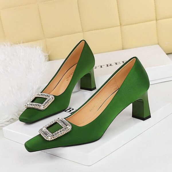 BIGTREE SHOES 6186-k32 European and American Style Banquet Women's Shoes Comfortable Thick Heel High Heel Low-Cut Square Head Satin Metal Rhinestone Buckle Pumps