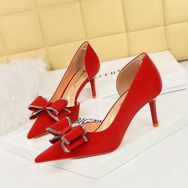 BIGTREE SHOES 3226-Ah36 European and American Style Banquet Women's Shoes Stiletto Heel Shallow Mouth Pointed Side Hollow Rhinestone Bow Pumps