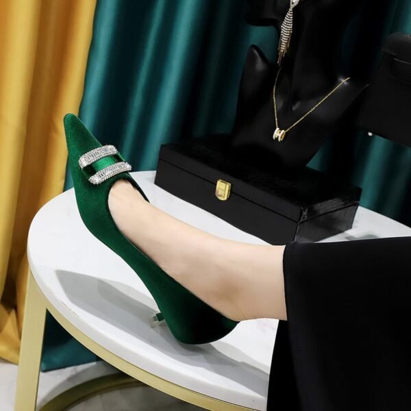 BIGTREE SHOES 237-K76 European and American Banquet Women's Shoes Middle Heel Fine Heel Thick Suede Shallow Mouth Pointed-Toe Metal Rhinestone Buckle Women's Shoes