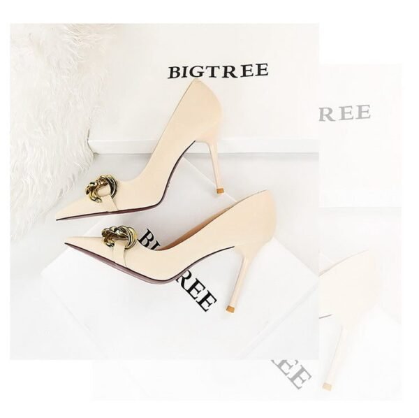 7239-1 European And American Fashion Slim Thin-heeled Super High-heeled Women's Shoes Shallow Pointed Big Metal Buckle Shoes