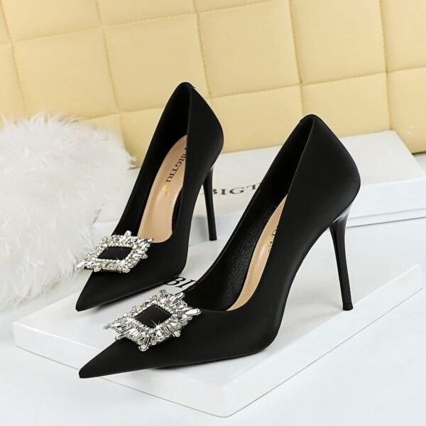 BIG TREE 3265-k3 Korean Style Fashion Banquet High Heel Stiletto Low Mouth Pointed-Toe Metal Rhinestone Buckle Women's Single-Layer Shoes Ultra High Heel