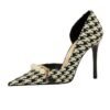 6de156adf8586ed26a81cea78ddf3a82 8829-1 Korean version of high-heeled shoes with lattice pattern shallow mouth side hollow houndstooth pearl metal chain super high-heeled shoes