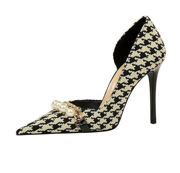 6de156adf8586ed26a81cea78ddf3a82 8829-1 Korean version of high-heeled shoes with lattice pattern shallow mouth side hollow houndstooth pearl metal chain super high-heeled shoes