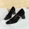 BIGTREE SHOES 5296 Korean Style Stylish Women's Shoes Chunky Heel Mid-Heel Low-Cut Stitching Square Toe Strap Rhinestone Buckle Pumps Mary Jane Shoes