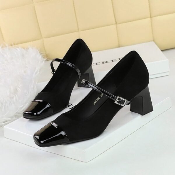 BIGTREE SHOES 5296 Korean Style Stylish Women's Shoes Chunky Heel Mid-Heel Low-Cut Stitching Square Toe Strap Rhinestone Buckle Pumps Mary Jane Shoes