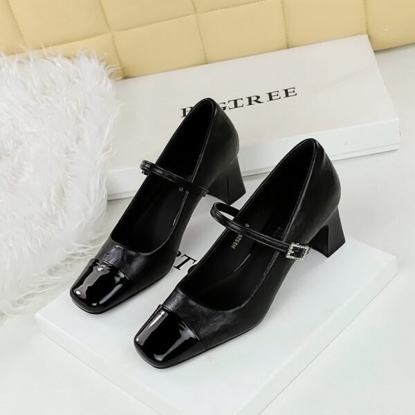 BIGTREE SHOES 5292 Retro European American Style Mid Heel Chunky Heel Low-Cut Stitching Square Head Rhinestone Buckle Ankle-Strap Shoes Spring and Autumn Women's Shoes