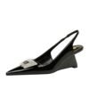 BIGTREE SHOES 1097-k60 European and American Women's Shoes Wedge High Heel Patent Leather Shallow Mouth Pointed Metal Rhinestone Buckle Hollow Back Strap Shoes