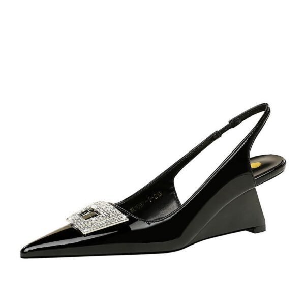 BIGTREE SHOES 1097-k60 European and American Women's Shoes Wedge High Heel Patent Leather Shallow Mouth Pointed Metal Rhinestone Buckle Hollow Back Strap Shoes