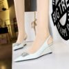 BIGTREE SHOES 1097-k60 European and American Women's Shoes Wedge High Heel Patent Leather Shallow Mouth Pointed Metal Rhinestone Buckle Hollow Back Strap Shoes