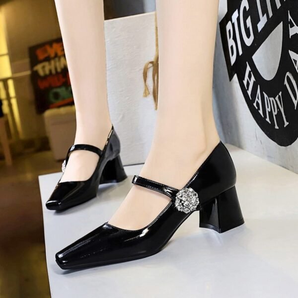 BIGTREE SHOES 5288-K88 European and American Style Banquet Women's Shoes Thick Heel Mid-Heel Low-Cut Square Head Light Luxury Rhinestone Buckle Ankle-Strap Shoes Female
