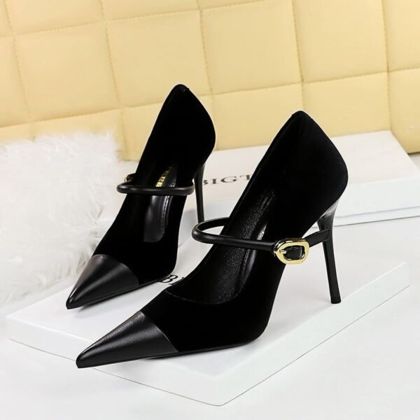 Bigtree Shoes 9116-1 Banquet High Heels Stiletto Heel Shallow Mouth Pointed Xi Shi Suede Stitching Pointed Toe Metal Buckle Ankle-Strap Shoes