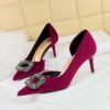 BIGTREE SHOES 1363-Ak83 Korean Style Banquet High Heel Xishi Suede Shallow Mouth Pointed Side Hollow Metal Rhinestone Buckle Pumps Women