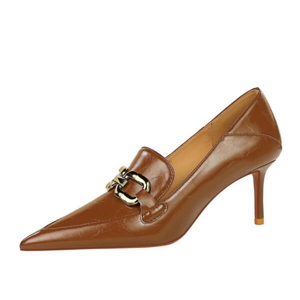 big tree shoes 598-1 European and American Retro Women's Fashion Shoes Stiletto Heel Deep Mouth Pointed Toe Metal Buckle Decorative Women's Shoes High-Cut Shoes