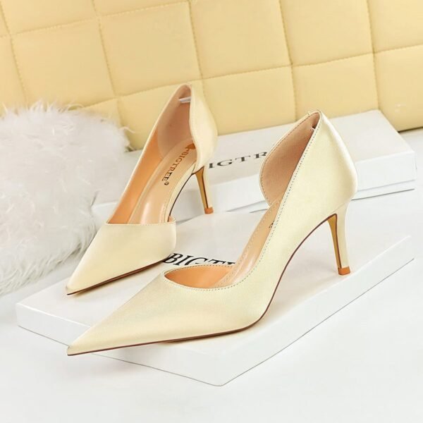 BIG TREE 3165-A8 European and American Fashion Minimalist Banquet Side Hollow High Heel Stiletto Low Mouth Pointed Toe Satin Women's Shoes