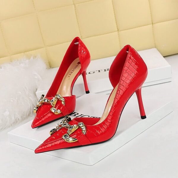 732aa4a3d5f1d3bea2ee26f61d27f44c big tree shoes 8238-1 European and American Banquet High Heels Stiletto Heel Shallow Mouth Pointed Toe Side Hollow Metal Rhinestone Buckle Pumps Women's Shoes