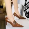 big tree shoes 598-1 European and American Retro Women's Fashion Shoes Stiletto Heel Deep Mouth Pointed Toe Metal Buckle Decorative Women's Shoes High-Cut Shoes