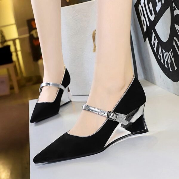 BIGTREE SHOES 2905-5 Heel Wedge Shoes Suede Shallow Mouth Pointed Toe Color Block Strap Single Shoes Women