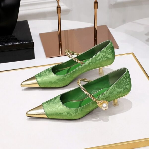 BIGTREE SHOES 237-23 National Style Women's Shoes Stiletto Heel Metal Heel Mid Heel Patchwork Assorted Colors Pointed Toe Shallow Mouth Strap Pearl Shoes Women